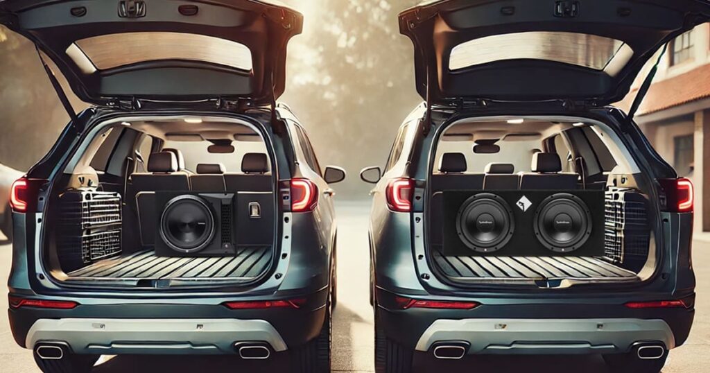 Two SUV's with their trunks open- One has two subwoofers in the back, and the other has only one