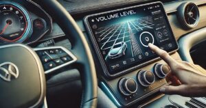 a hand reaching towards a car radio screen