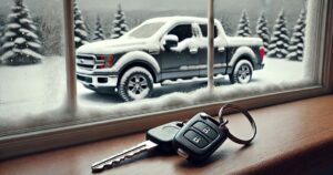car keys sitting on a window ledge with a truck covered in snow seen through the window