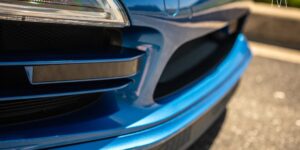 Close up of the front fender of a blue car