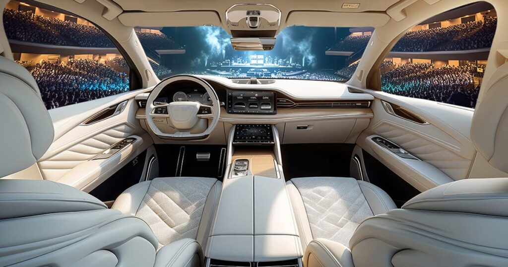 The inside of a car and you can see a theater and stage with musicians through the windshield