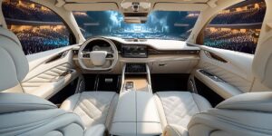 The inside of a car and you can see a theater and stage with musicians through the windshield