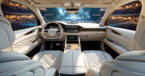 The inside of a car and you can see a theater and stage with musicians through the windshield