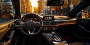 The inside of a car showing the dash and a veiw of a city through the windshield