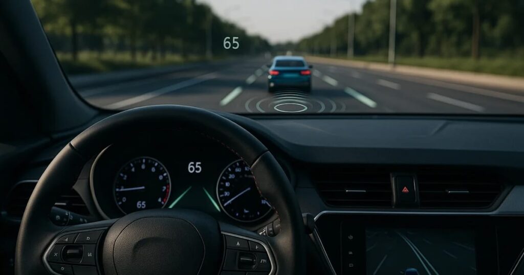 A car driving down a road with a car in front of it, around the vehicle are lines indicating the ADAS system