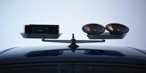 A balanced scale on top of a car with an amplifier on one side of the scale and two speakers on the other