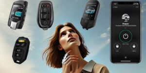 A woman looking at various types of remote starters