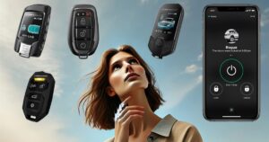 A woman looking at various types of remote starters
