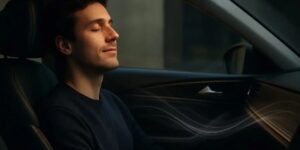 A man sitting inside a car whith his eyes closed listening to music with a smile on his face