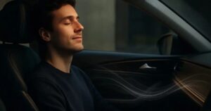 A man sitting inside a car whith his eyes closed listening to music with a smile on his face