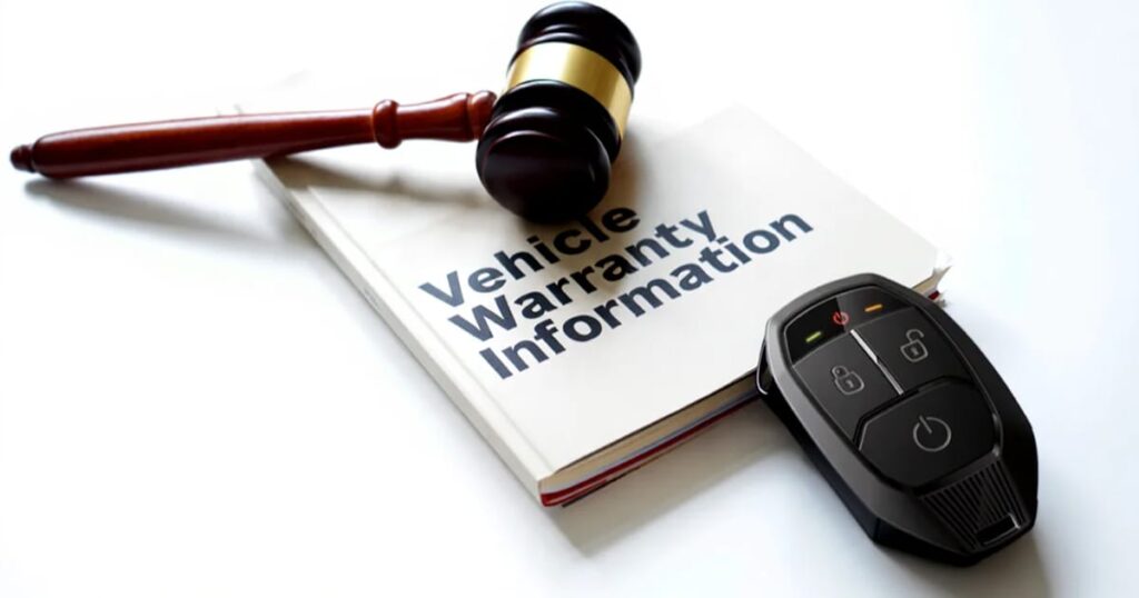 A gravel on top of a vehicle warrenty information pamphlet next to a remote car starter