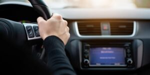 A close up on a man's hand on a steering wheel