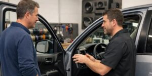 Two men speaking to each other about a car